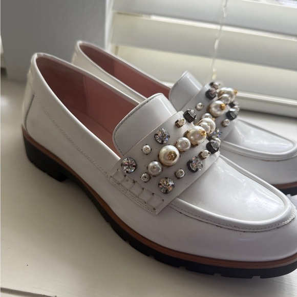 KATE SPADE Loafers Gemstones White Black New York KarryToo Leather Shoe Heel 9.5 - Picture 2 of 9
